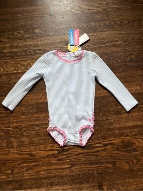 RuffleButts Toddler Girls Seersucker Rash Guard One Piece Swimsuit - Blue 4T